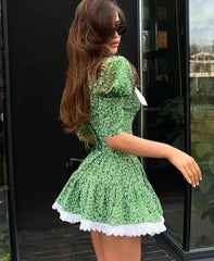 Printed Doll Collar Short Sleeve Lace Patchwork Mini Dress