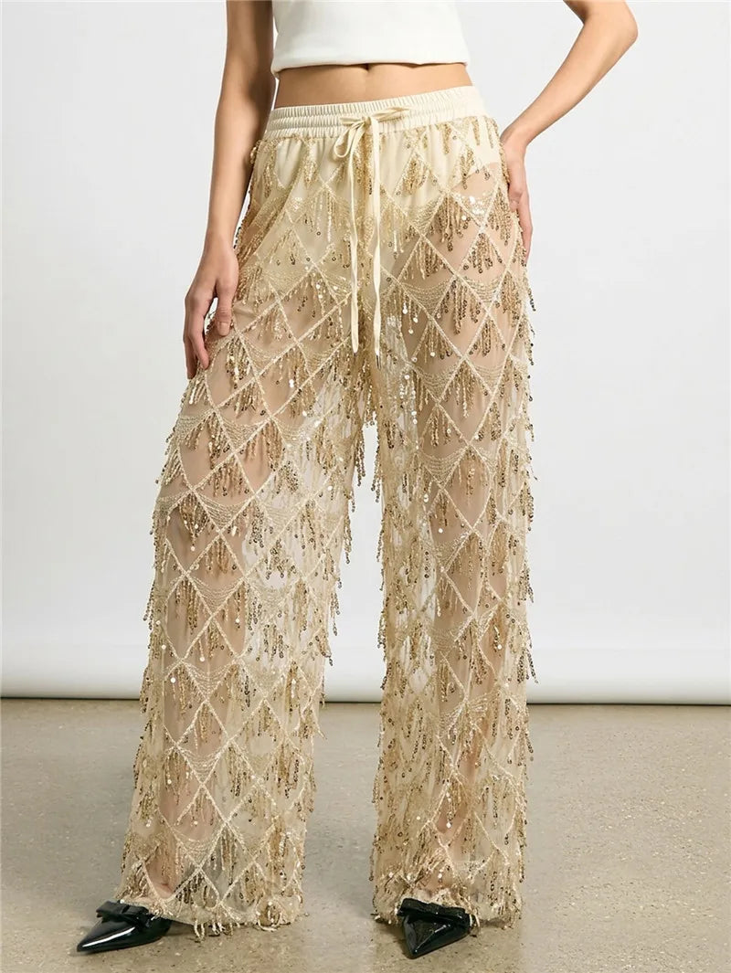 Gold sequin wide leg mesh pants with drawstring waist