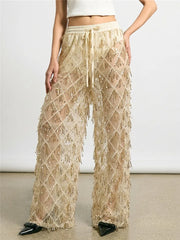 Gold sequin wide leg mesh pants with drawstring waist