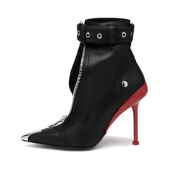 Belt Buckle Front Zipper Pointed Metal High Heels Ankle Boots