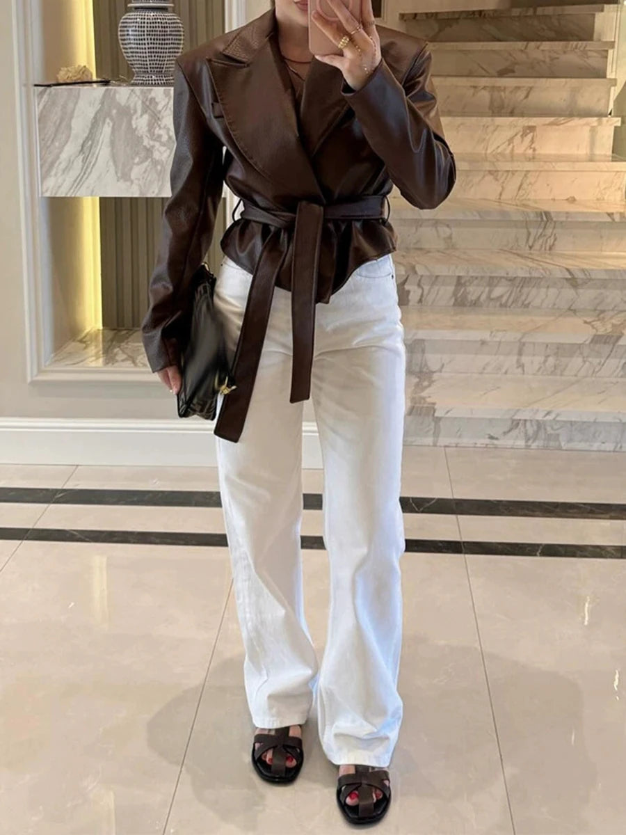 Faux leather belted lapel jacket detail