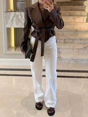 Faux leather belted lapel jacket detail