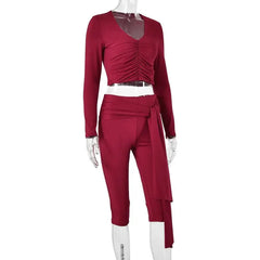 Ruched V-Neck Crop Top and Bandage Capri Pants Set