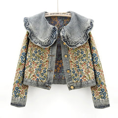 Women’s jacquard denim jacket with Peter Pan collar for spring.