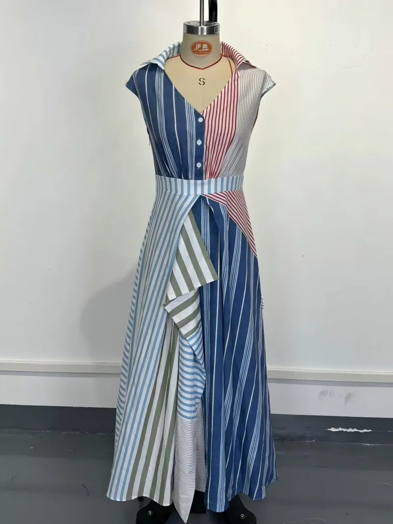Patchwork stripe v-neck maxi dress on mannequin