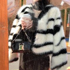 Fluffy Zebra Fur Coat Women Thick Warm Overcoats