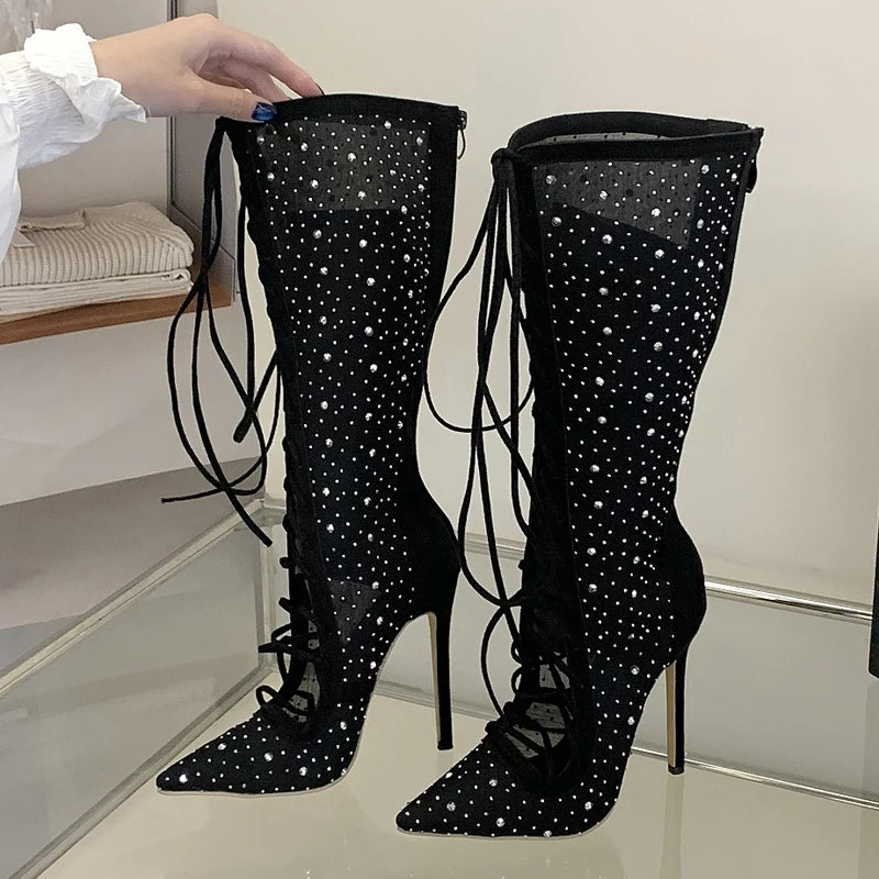 Mesh rhinestone lace-up knee-high boots