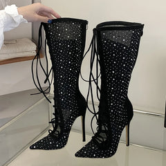 Mesh rhinestone lace-up knee-high boots