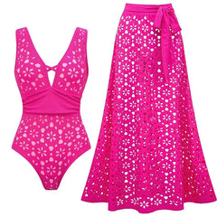 V-Neck Plunge Eyelet One-Piece Swimsuit with Matching Maxi Skirt Set