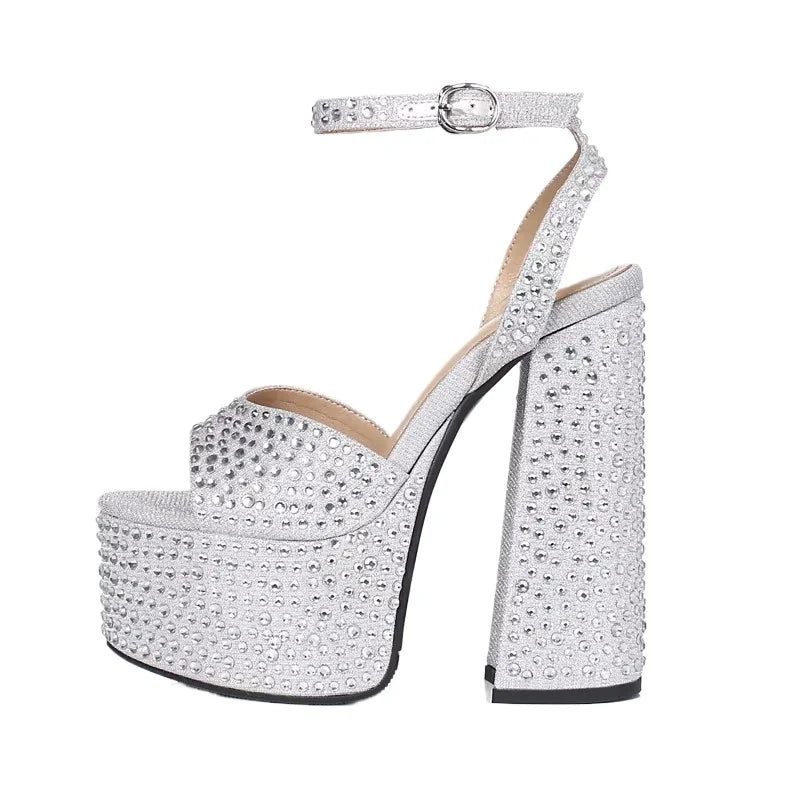 Silver crystal embellished platform high heel sandals