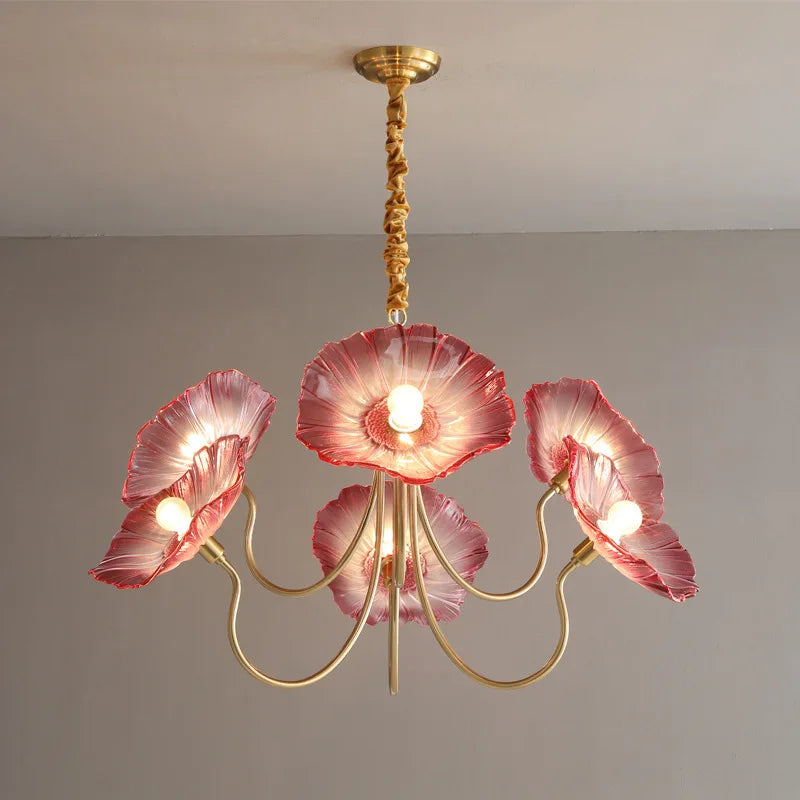 Nordic lotus leaf glass chandelier with pink flower shades and gold chrome suspension in stylish room