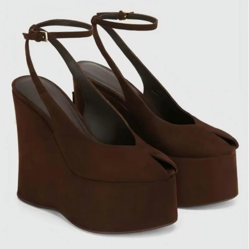 Dark brown suede wedge platform heels with peep toe and ankle strap