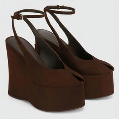 Dark brown suede wedge platform heels with peep toe and ankle strap