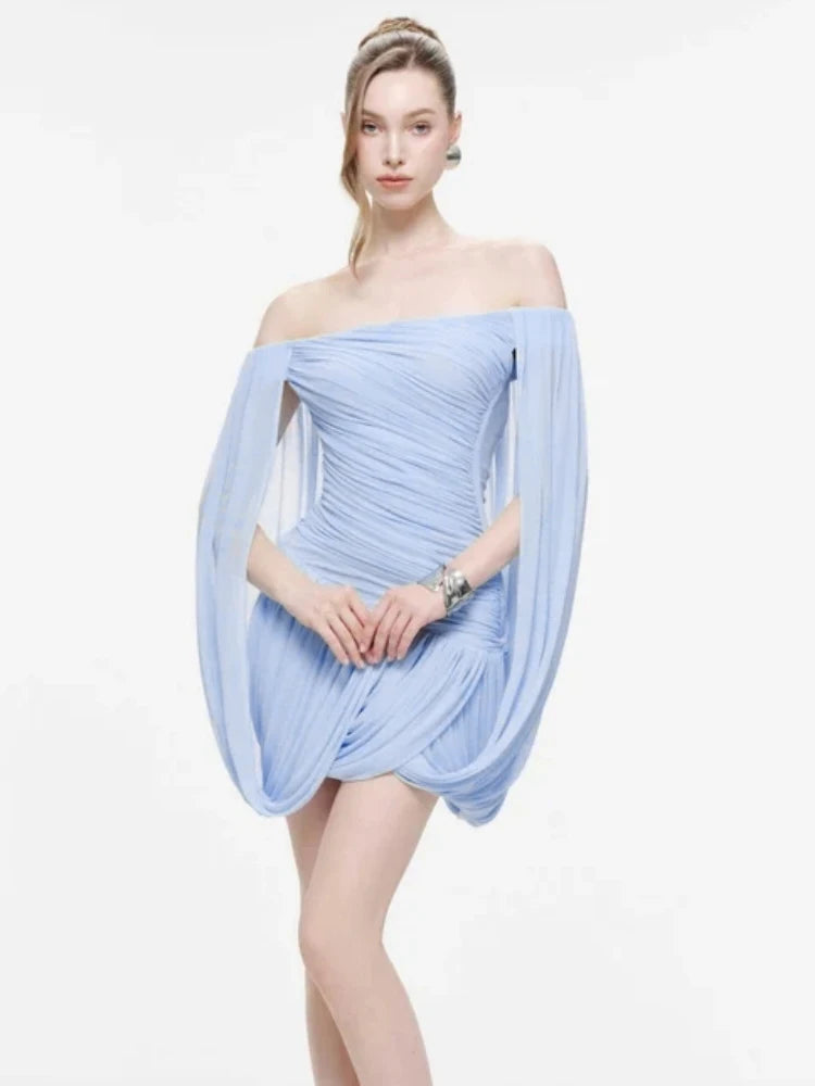 Light blue draped off-shoulder mini dress