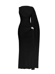 Black one-shoulder dress on a white background