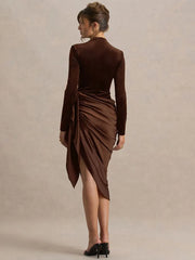 slim fit brown midi dress for evening wear