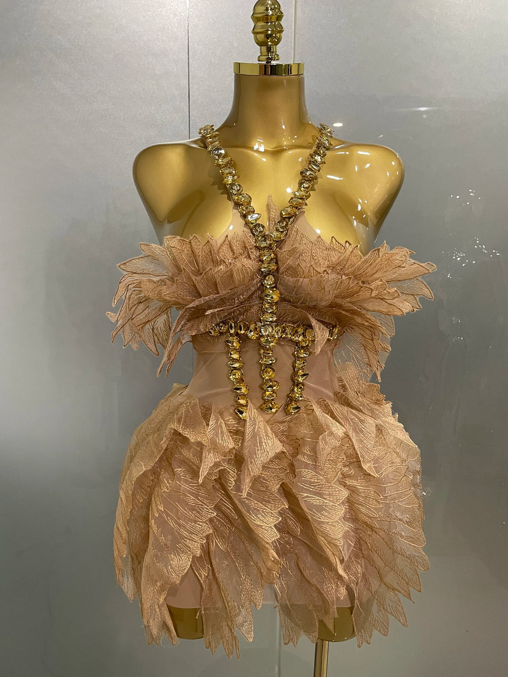 Gold crystal wing mini dress