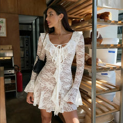 Long Sleeve Sheer Lace Ruffle Mini Dress