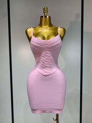 Pink ribbed spaghetti strap mini dress