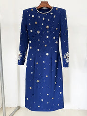 Beaded long sleeve midi dress in deep blue