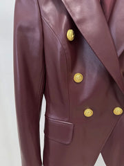 Double-breasted lion button pu leather blazer