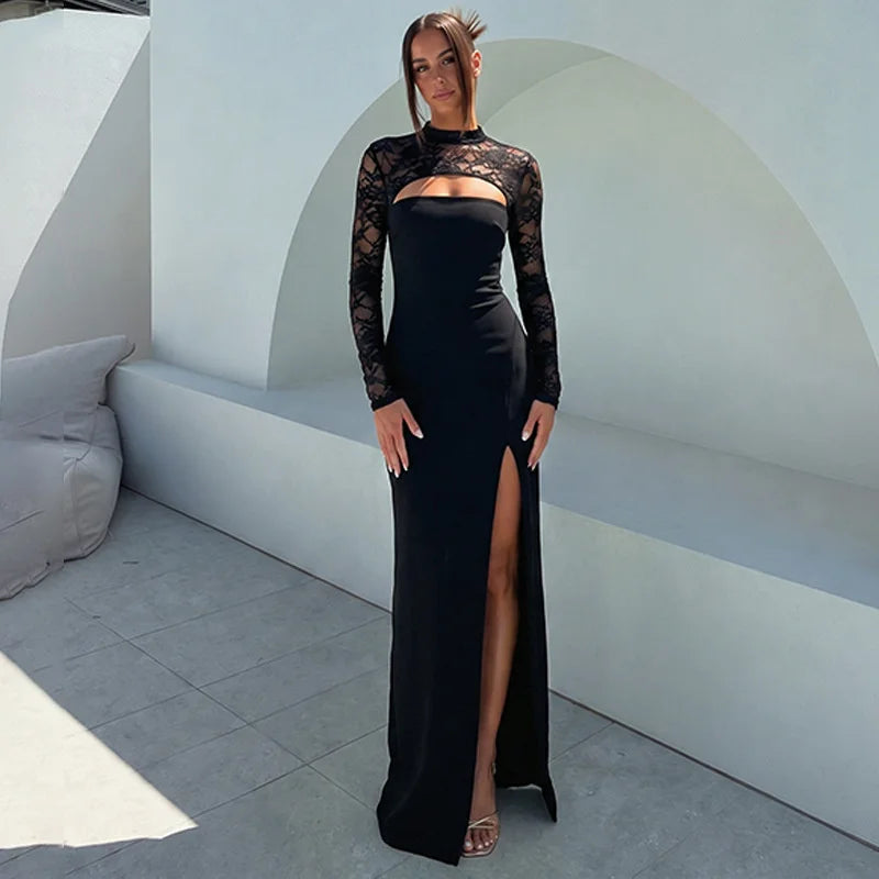 Mock neck lace maxi dress in black, full length