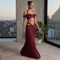 Halter Ruffle Crop Top and Cutout Maxi Skirt