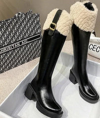 Knee High Square Heel Zip Belt Buckle Plush Edge Boots