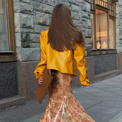 Snake Print Yellow Zip Biker Jacket