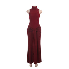 Ribbed Turtleneck Knotted Maxi Dress