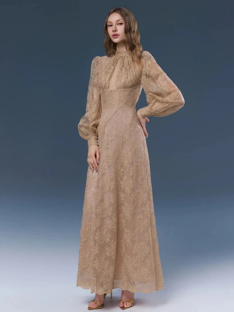 Lace mock neck lantern sleeve dress blue background