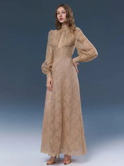 Lace mock neck lantern sleeve dress blue background