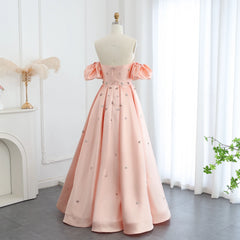 Blush Pink Satin Cape Sleeves Crystal Wedding Gown