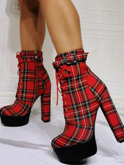 Plaid Platform Lace Up Chunky Heel Boots