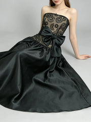 Strapless Lace Bodice Full Skirt Bow Accent Gown