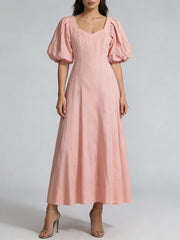 pink dress puff sleeves front full view