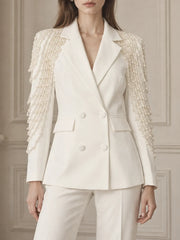 Pearl Beaded Tassel Shoulder Double Breasted Blazer