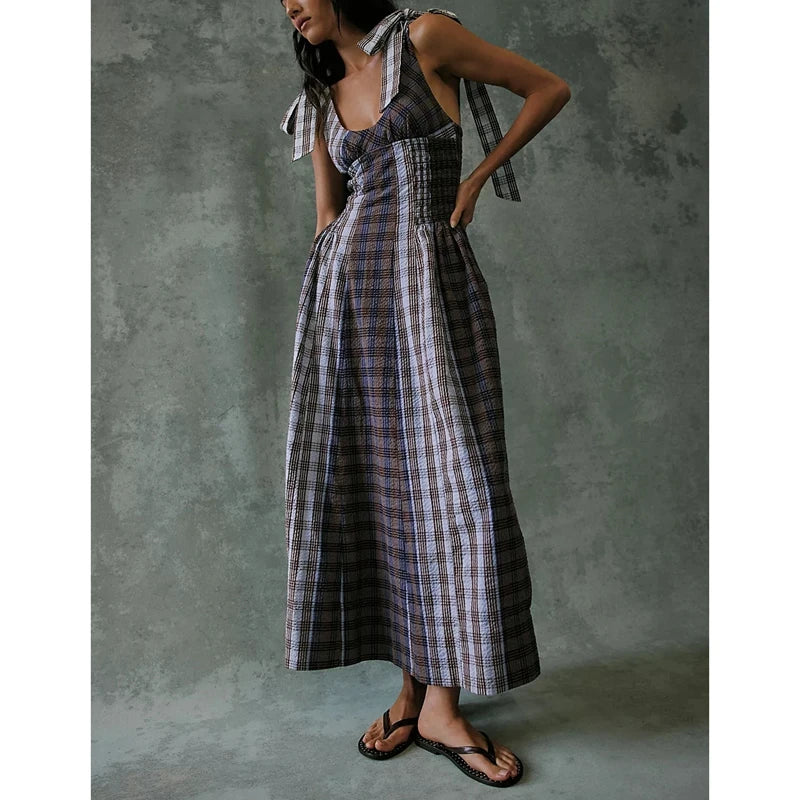 Tie strap plaid midi dress