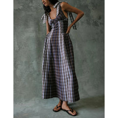 Tie strap plaid midi dress