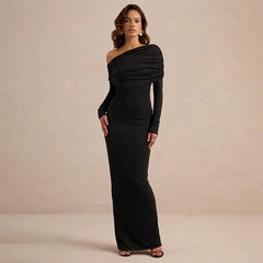 Black one-shoulder maxi dress with draped neckline