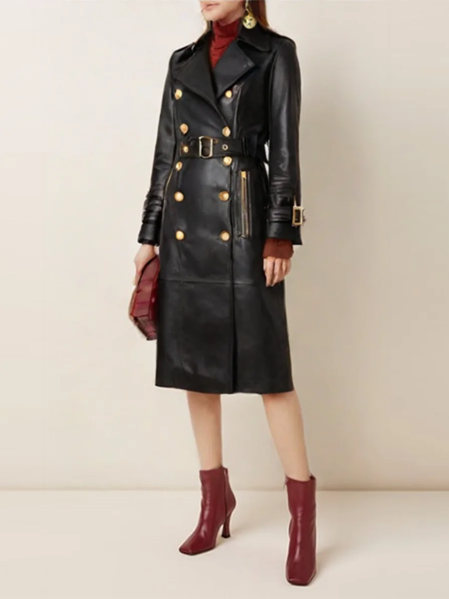Structured black trench coat designed for winter wear