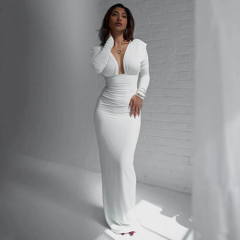 Deep V-neck Solid White Open Back Full Sleeve Long Dress