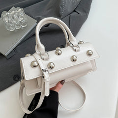 White riveted PU leather top handle bag