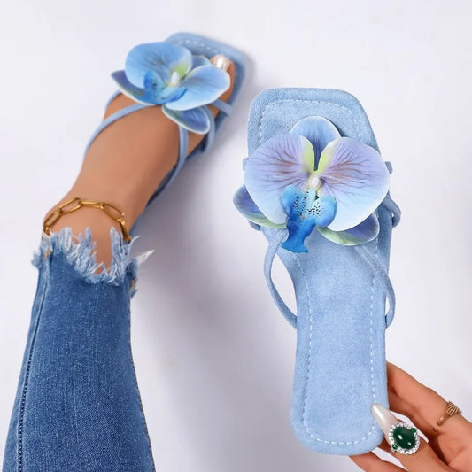 Blue floral square toe slides