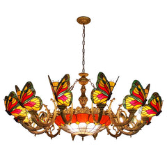 Stained glass chandelier with butterfly designs on a white background