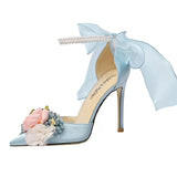 Pointed Silk Satin Flower Pearl Sandals with Thin High Heels