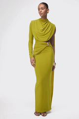 High Neck One Long Sleeve Draped Cutout Waist Maxi Dress
