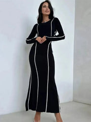 Round Neck Striped Black Long Sleeve Dress