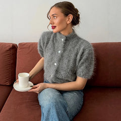 Grey mock neck puff sleeve fuzzy knit top