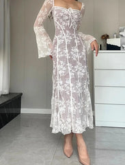 Lace-up Square Neck Print Long Sleeve Lace Ankle Length Dress